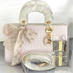 New Elegant White Leather Textured Handbag Crossbody With Scarf decoration